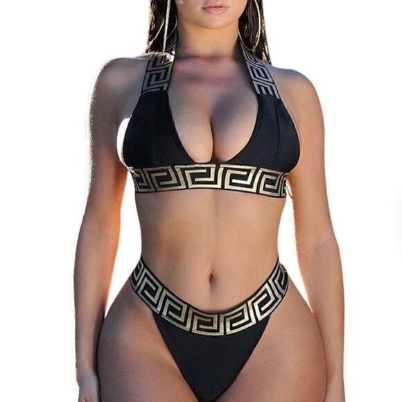 Black Printed Women Sexy 2pc Bikini Swimwear sz Medium - Picture 1 of 12